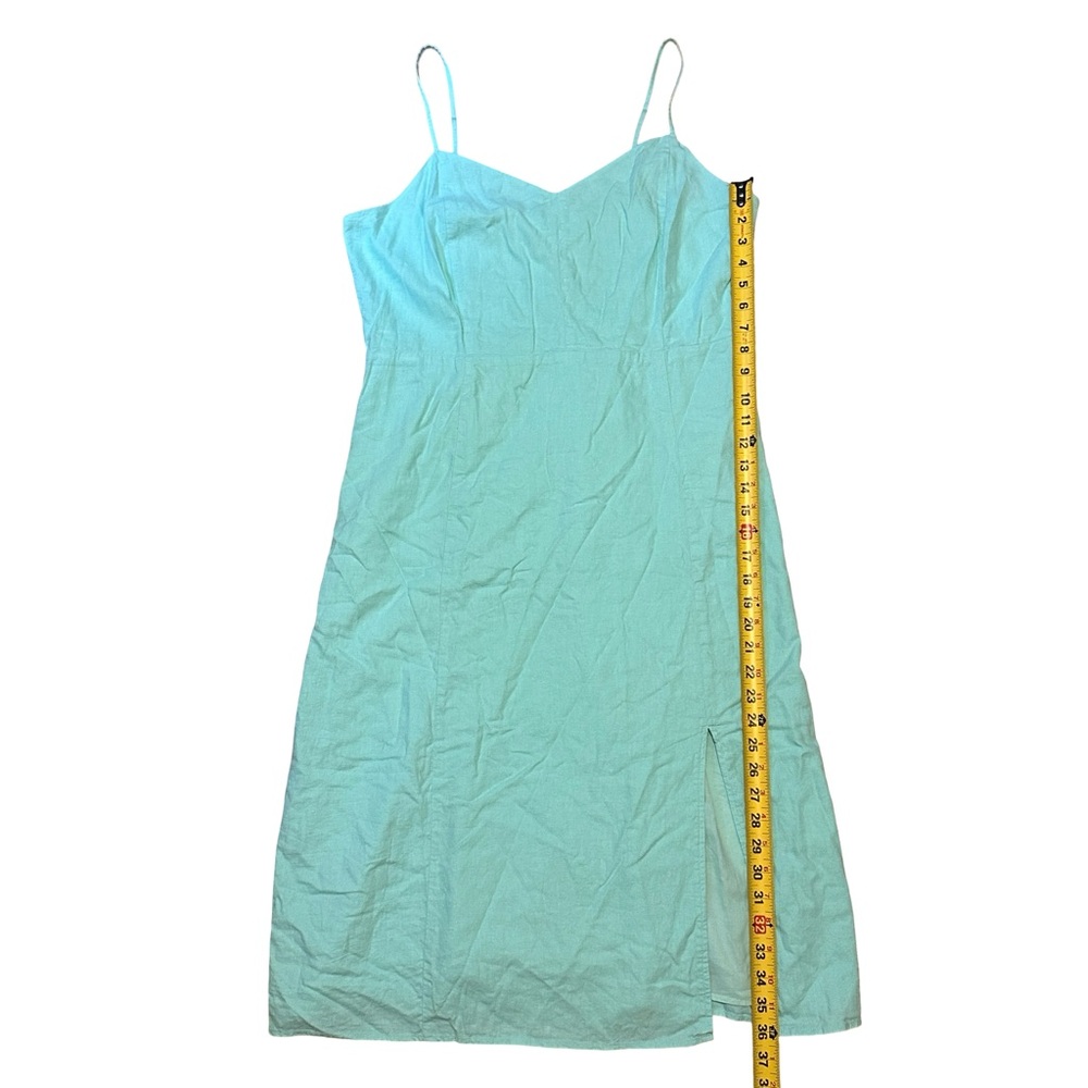 J.Crew Linen Blend Sunwashed Mint Midi Dress Size 14 Smocked Back Side Slit - Picture 7 of 15